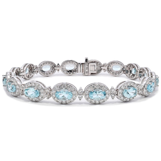 Micro Set Oval Cut Aqua & Diamond Halo Tennis Bracelet