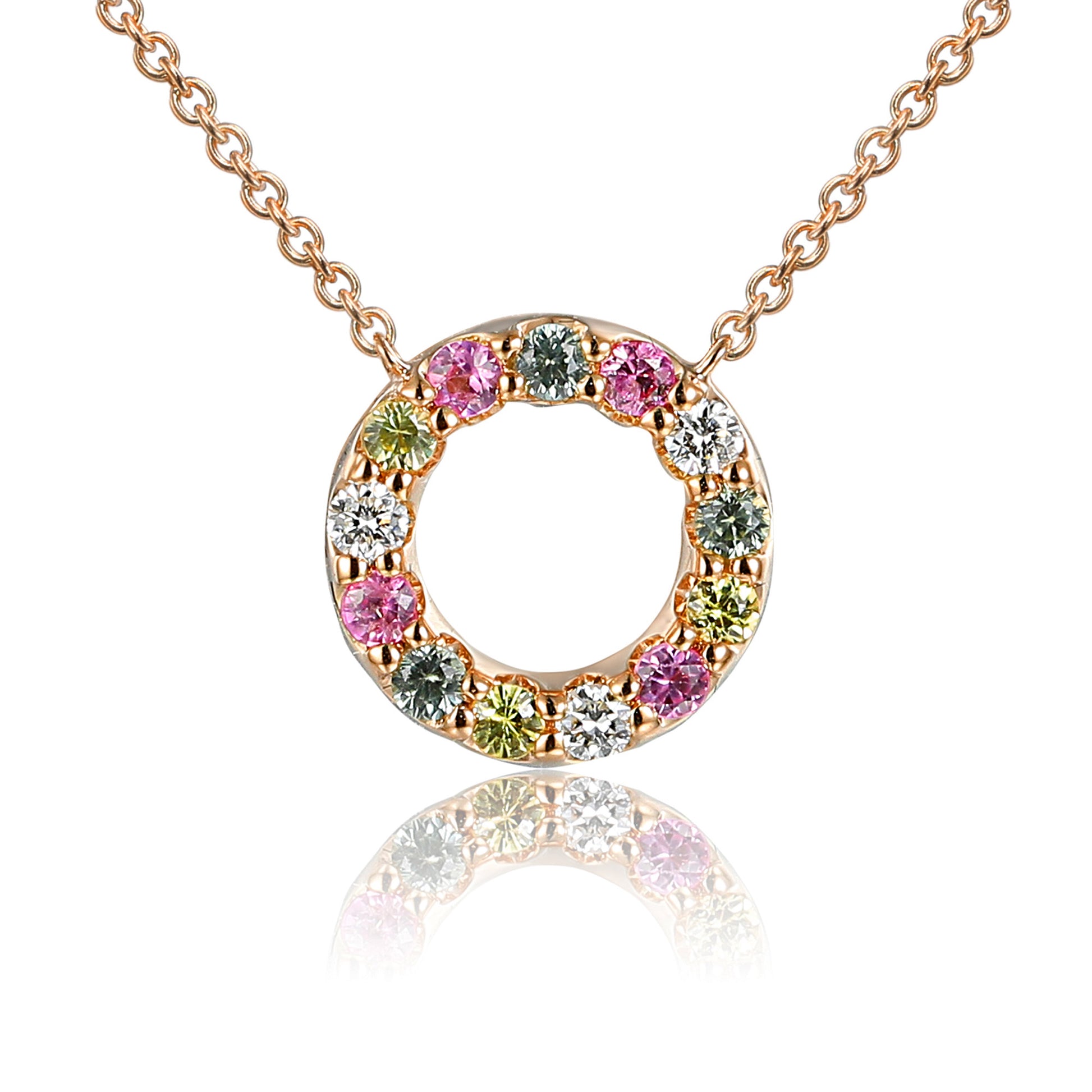 Micro Set Round Multi Colour Sapphire & Diamond Circle Necklace
