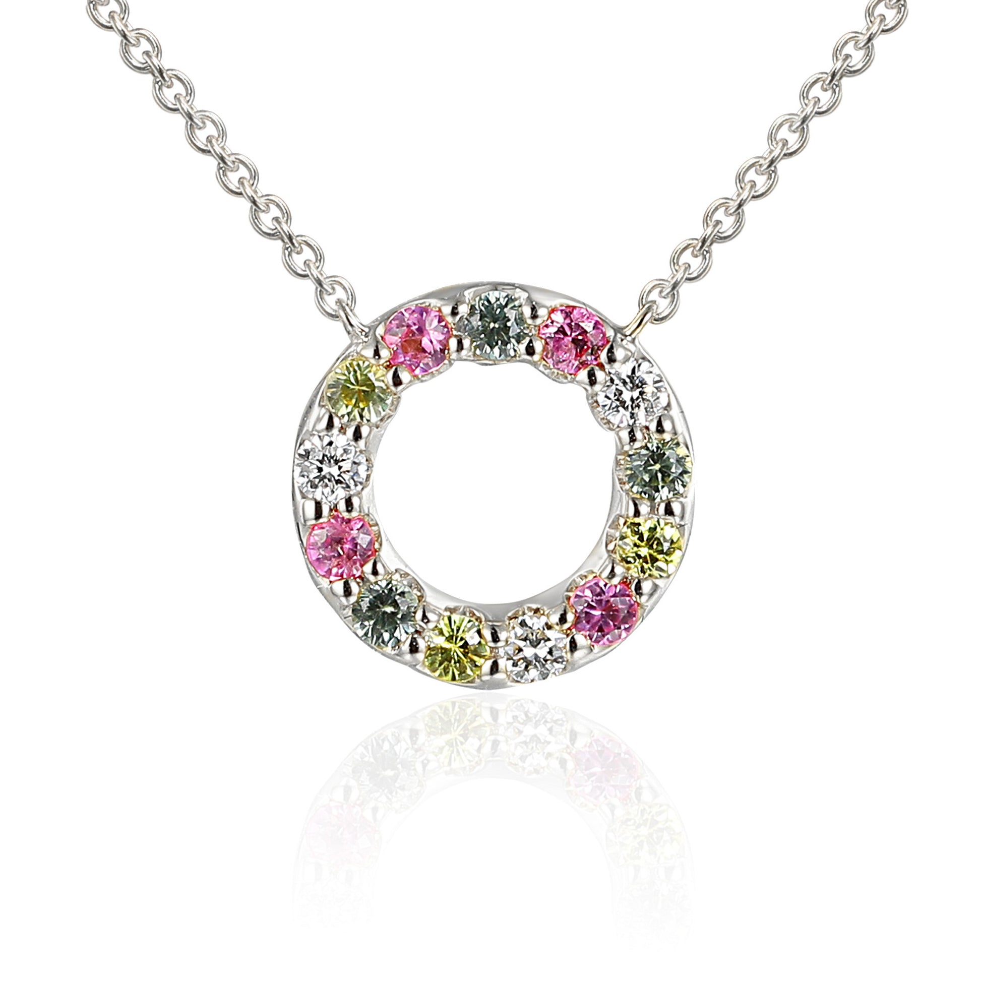 Micro Set Round Multi Colour Sapphire & Diamond Circle Necklace