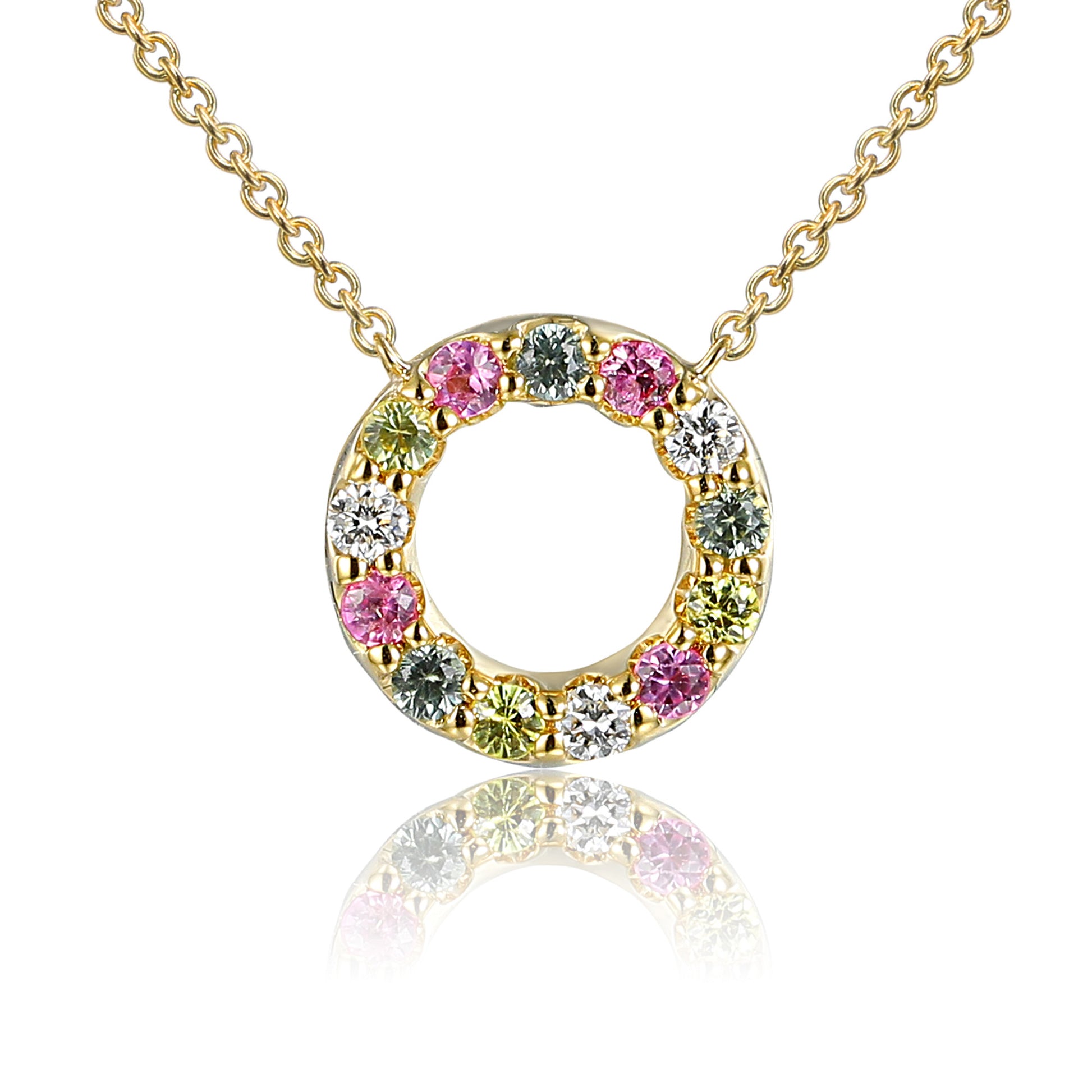 Micro Set Round Multi Colour Sapphire & Diamond Circle Necklace