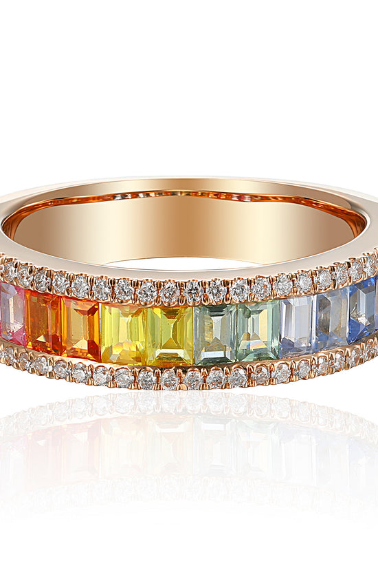 Micro & Channel Set Baguette Cut Multi Colour Sapphire & Round Diamond Half Eternity Rainbow Statement Ring