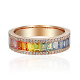 Micro & Channel Set Baguette Cut Multi Colour Sapphire & Round Diamond Half Eternity Rainbow Statement Ring