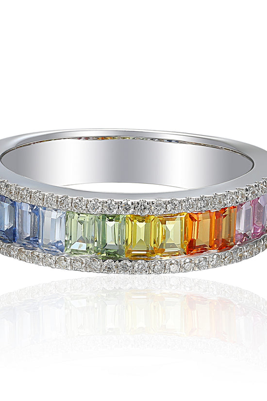 Micro & Channel Set Baguette Cut Multi Colour Sapphire & Round Diamond Half Eternity Rainbow Statement Ring