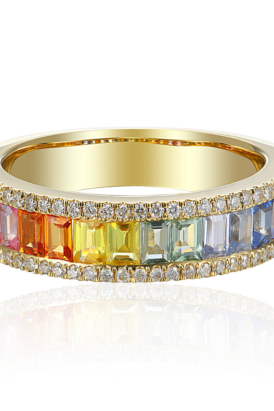 Micro & Channel Set Baguette Cut Multi Colour Sapphire & Round Diamond Half Eternity Rainbow Statement Ring