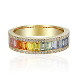 Micro & Channel Set Baguette Cut Multi Colour Sapphire & Round Diamond Half Eternity Rainbow Statement Ring