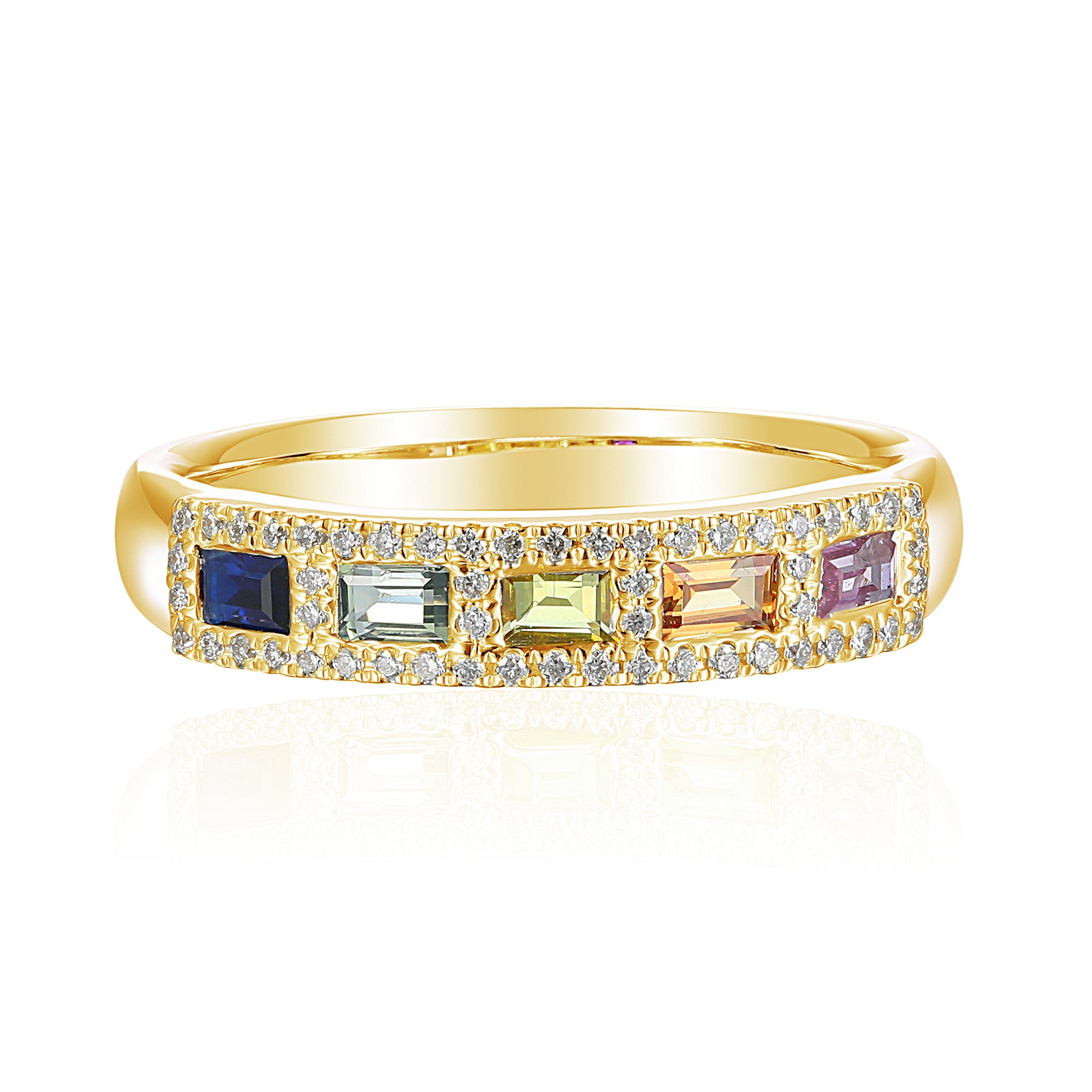 Micro & Grain Set Baguette Cut Multi Colour Sapphire & Round Diamond Ring