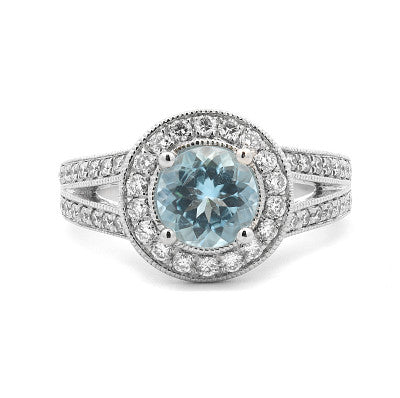 Natural Aquamarine Halo & Twin Row  Shoulder Diamonds with Mill Grain Edges