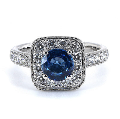 Natural Blue Sapphire Halo with Shoulder Diamonds with Mill Grain Edges
