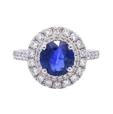 Natural Ceylon Blue Sapphire with Double Halo and Shoulder