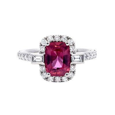 Natural Elongated Cushion Ruby Halo & Shoulder Diamonds with Baguette Sides