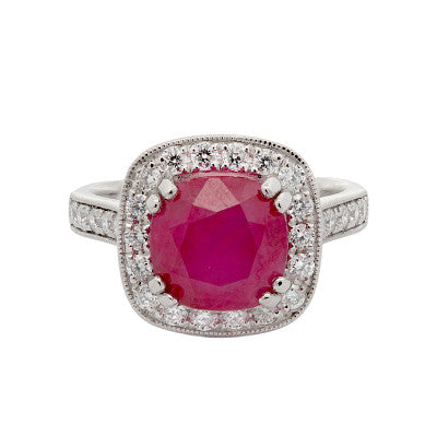 Natural Ruby Halo and Shoulder Diamonds with Mill Grain
