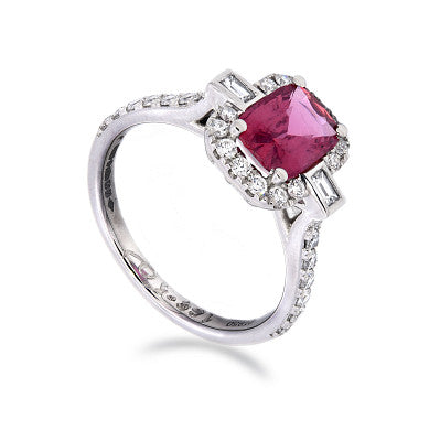 Natural Elongated Cushion Ruby Halo & Shoulder Diamonds with Baguette Sides
