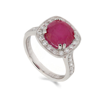 Natural Ruby Halo and Shoulder Diamonds with Mill Grain