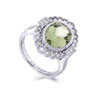 Oval Cut Mint Tourmaline with Halo & Shoulder Diamonds