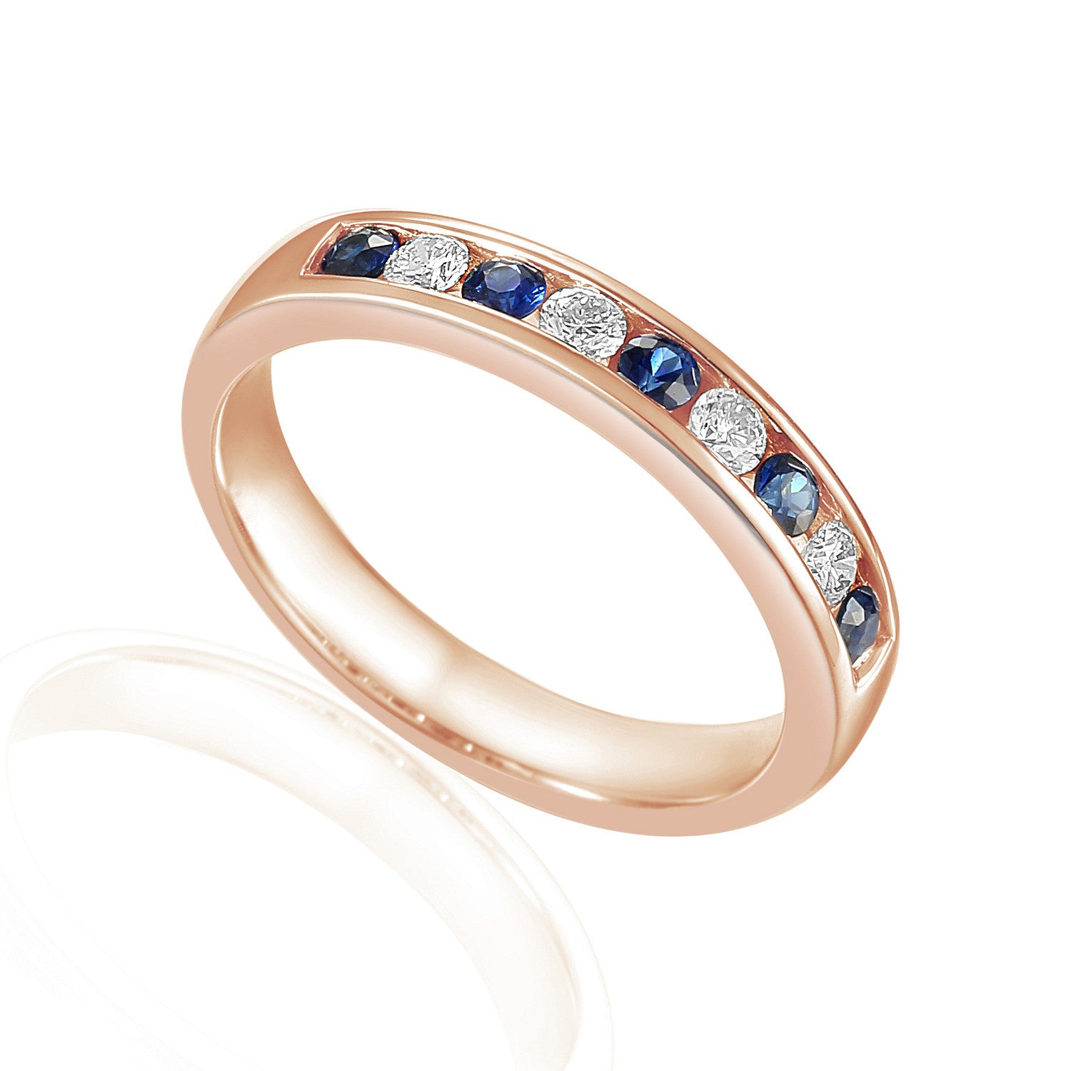 Round Brilliant Cut Blue Sapphire & Diamond Channel Set Half Eternity Ring