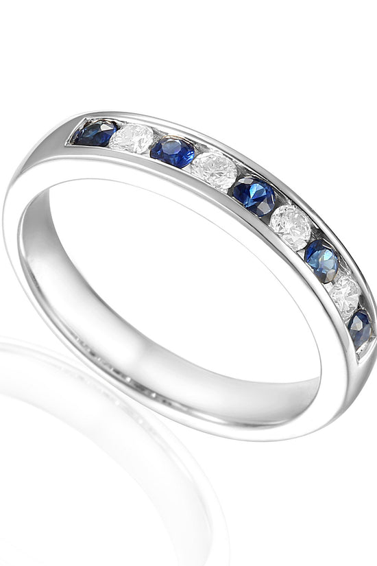 Round Brilliant Cut Blue Sapphire & Diamond Channel Set Half Eternity Ring