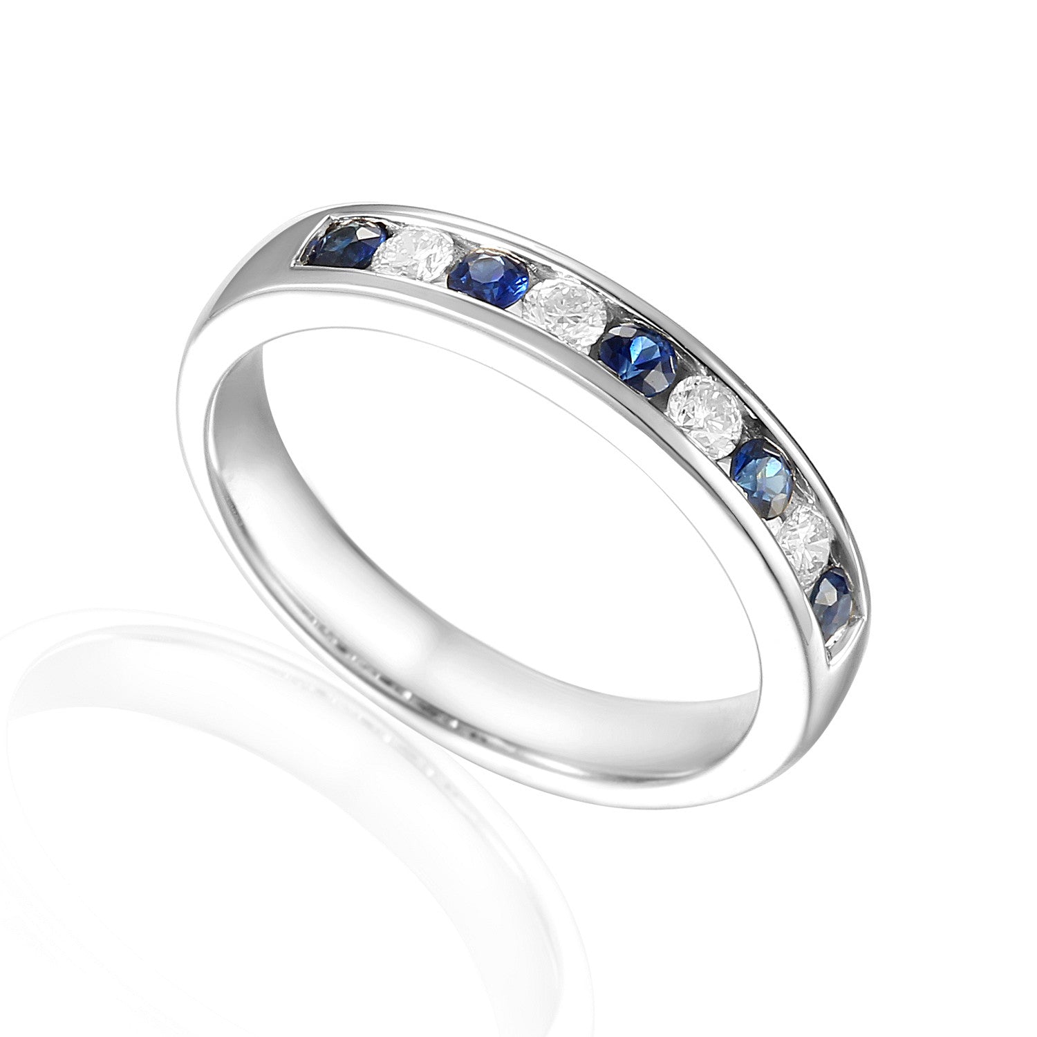 Round Brilliant Cut Blue Sapphire & Diamond Channel Set Half Eternity Ring