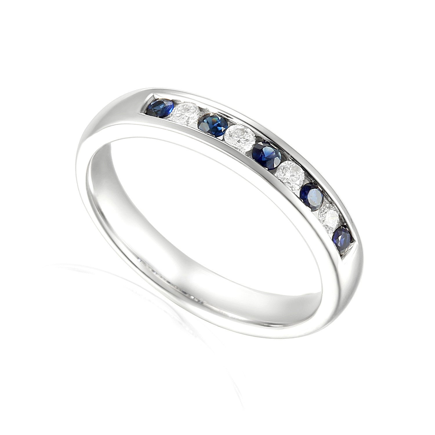 Round Brilliant Cut Blue Sapphire & Diamond Channel Set Half Eternity Ring