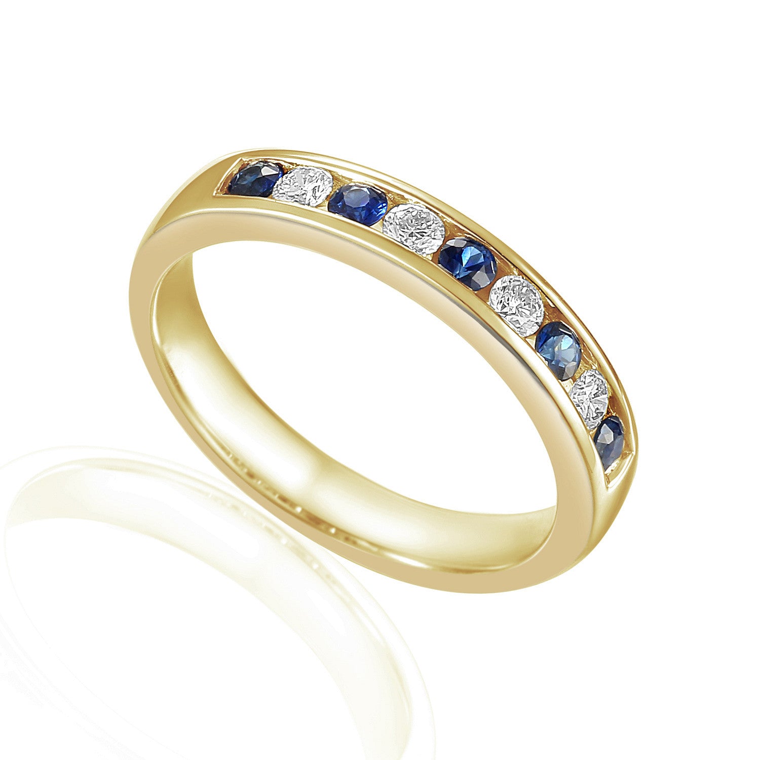 Round Brilliant Cut Blue Sapphire & Diamond Channel Set Half Eternity Ring