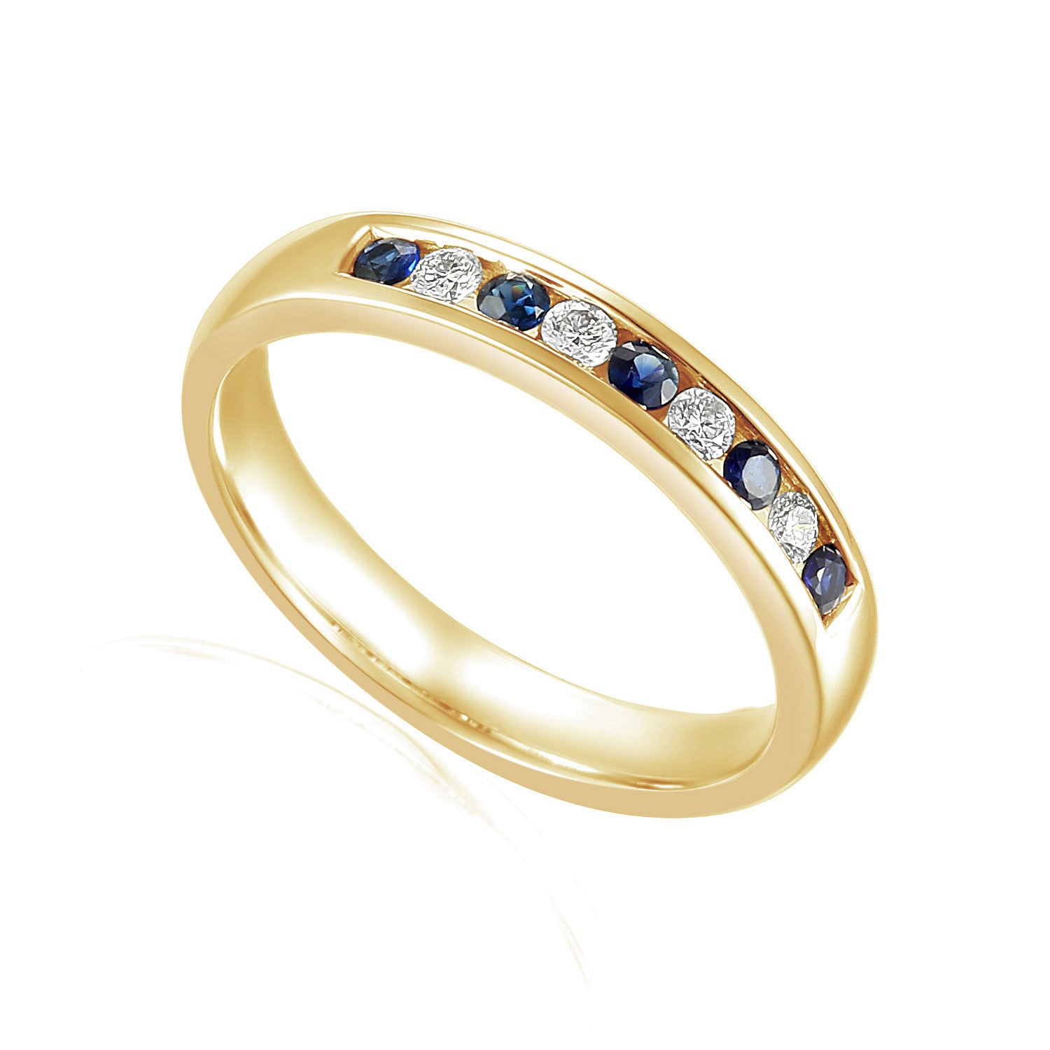 Round Brilliant Cut Blue Sapphire & Diamond Channel Set Half Eternity Ring