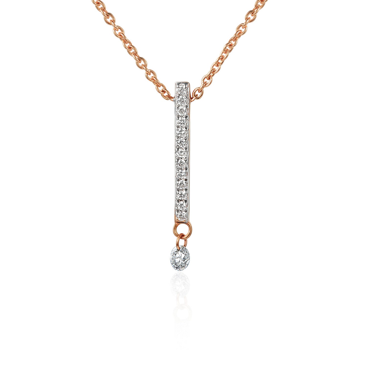 Round Brilliant Cut Micro Set Bar Drop With Dancing Diamond Necklace