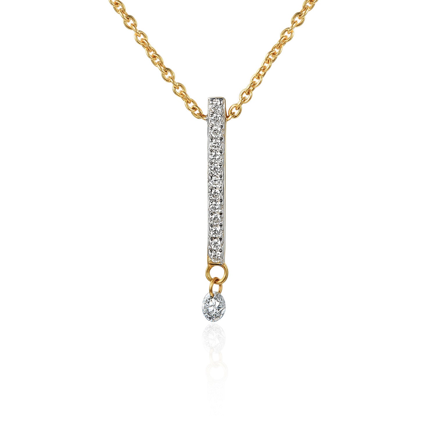 Round Brilliant Cut Micro Set Bar Drop With Dancing Diamond Necklace