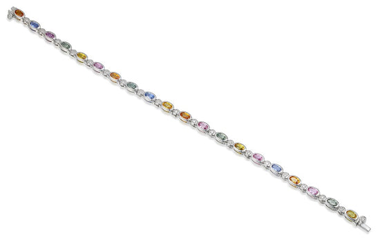 Rubover Set Oval Cut Multi Colour Sapphire & Round Diamond Tennis Bracelet