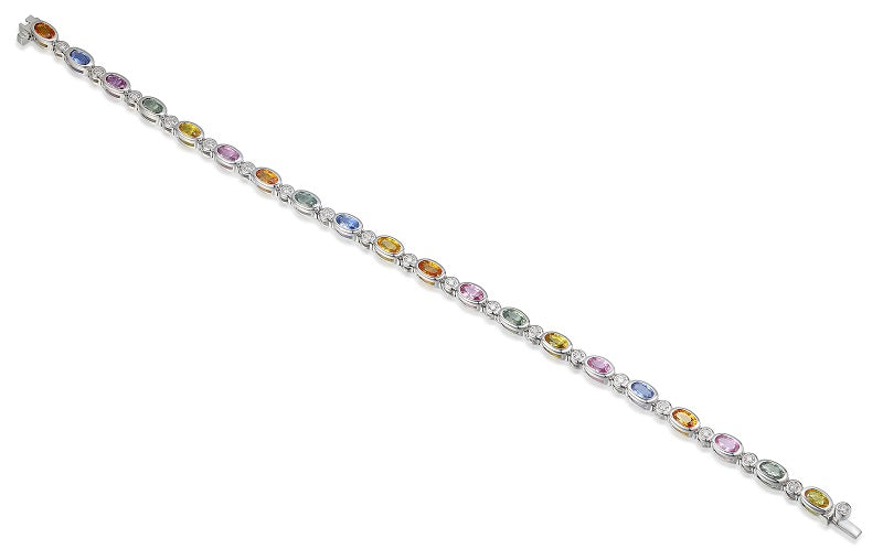 Rubover Set Oval Cut Multi Colour Sapphire & Round Diamond Tennis Bracelet