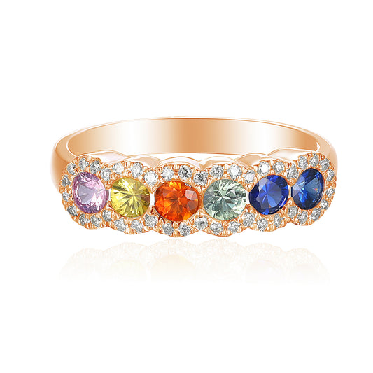 Rubover Set Round Multi Colour Sapphire Diamond Halo Half Eternity Statement Ring