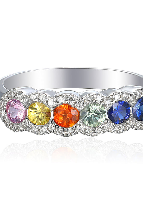 Rubover Set Round Multi Colour Sapphire Diamond Halo Half Eternity Statement Ring