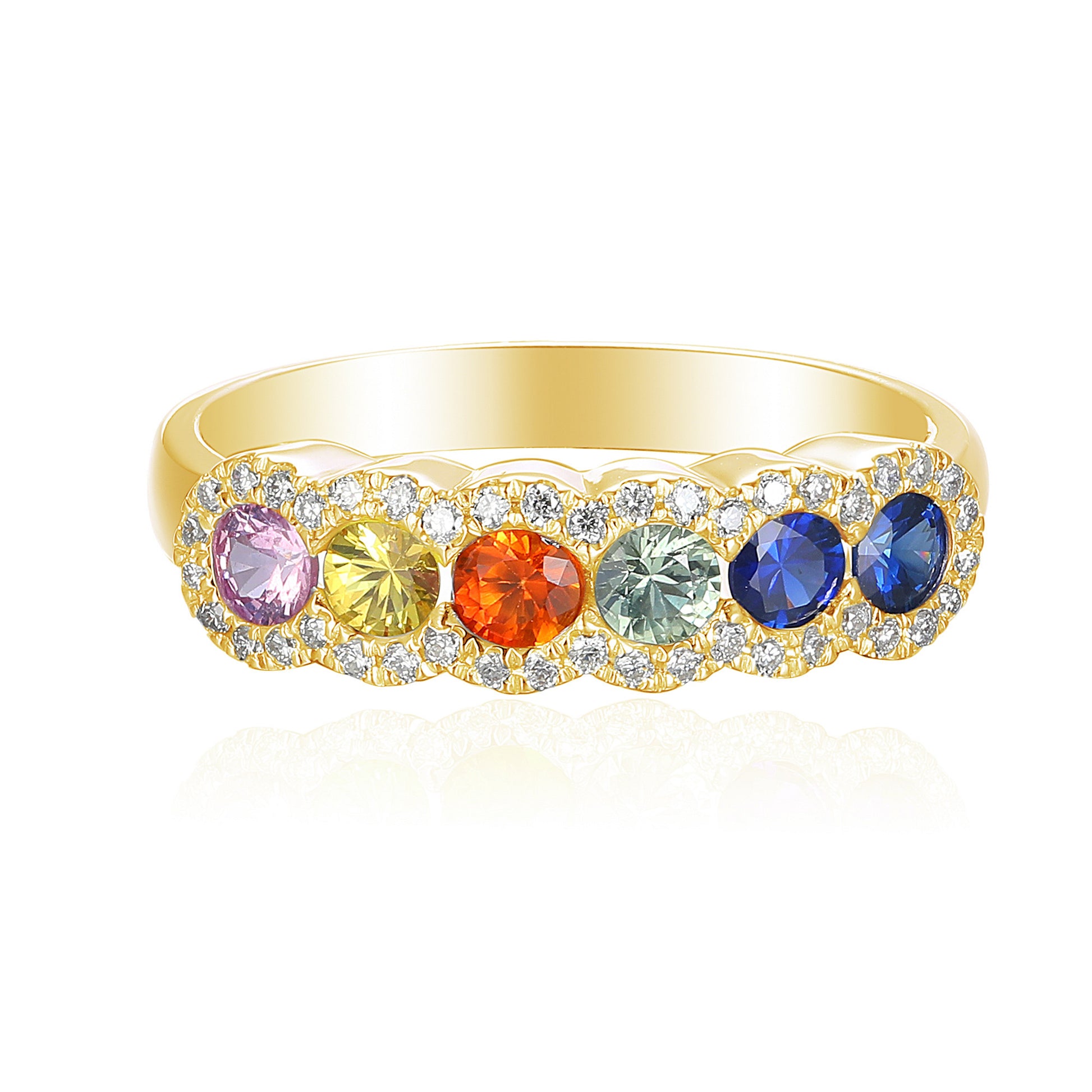 Rubover Set Round Multi Colour Sapphire Diamond Halo Half Eternity Statement Ring