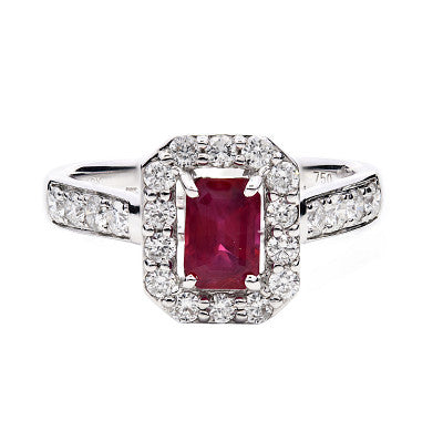 Ruby radiant cut with diamond Halo and diamond shoulders