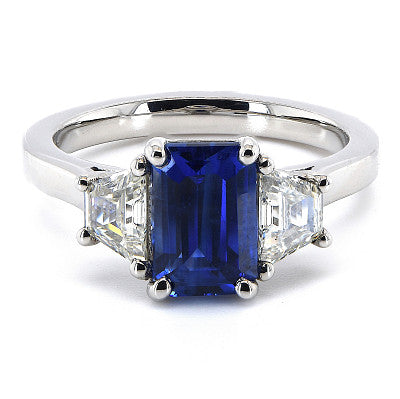 Trilogy Style Blue Sapphire with Tapered Baguettes on the side