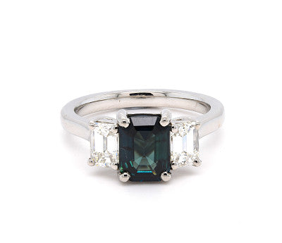 Teal Sapphire trilogy Emerald Cut with Emerald diamonds sides