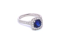 Blue Sapphire square cushion brilliant cut with Halo and diamond shoulders