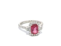 Natural Elongated Cushion Ruby Halo & Shoulder Diamonds with Baguette Sides